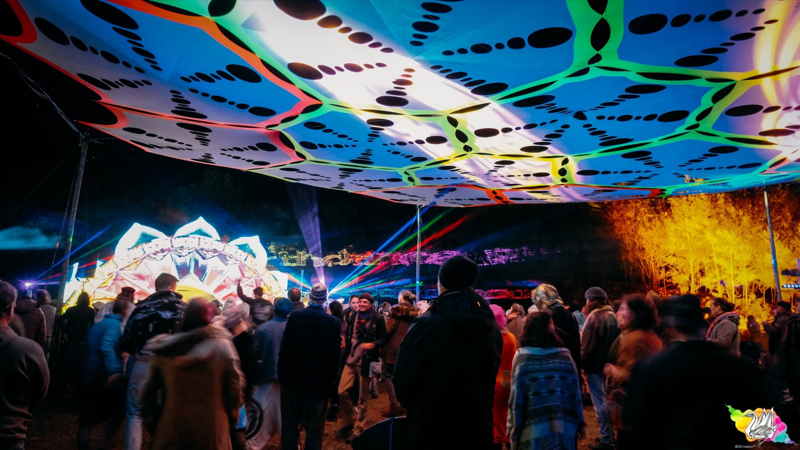 The dancefloor under a psychedelic canopy at night, Earthdance Cape Town 2025